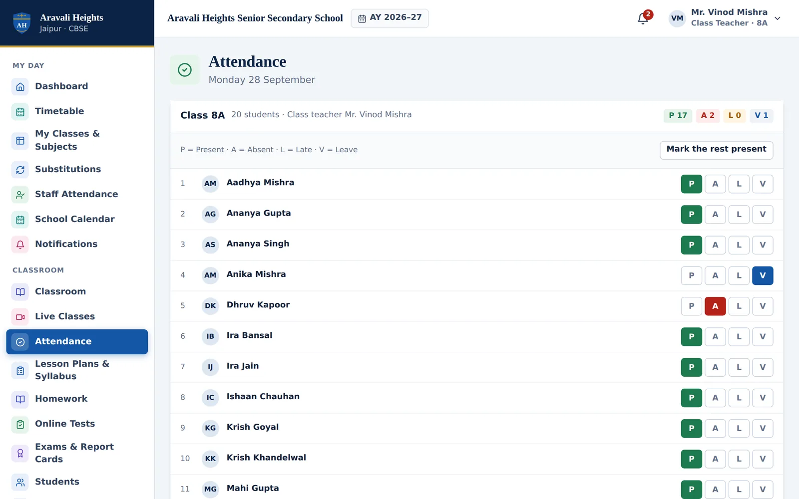 Class attendance screen