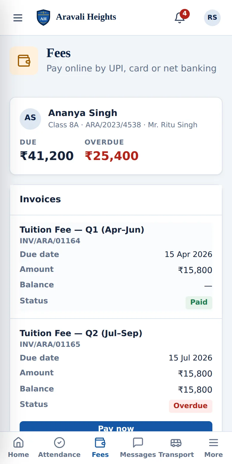 Parent fees screen