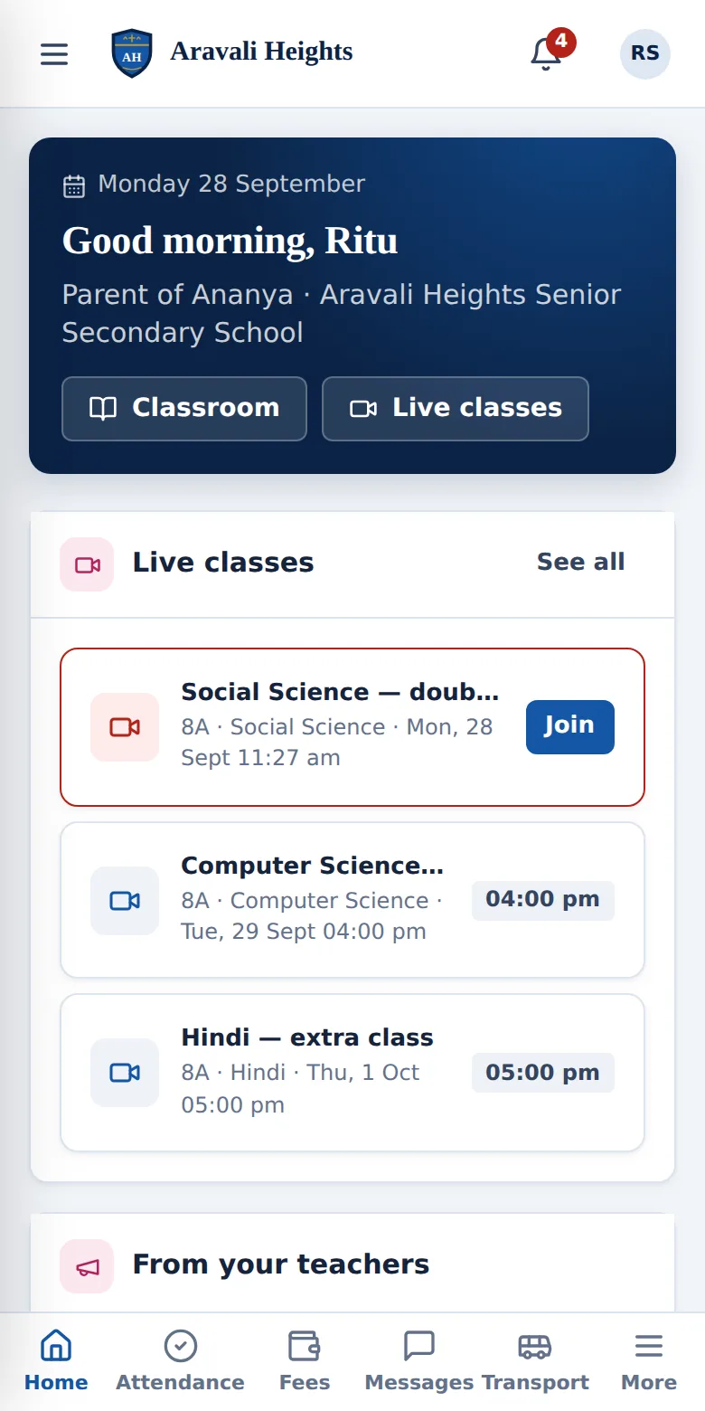 Parent home screen in Miz School